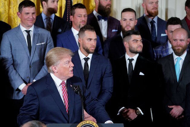 US President Donald Trump speaks during an event in honor of 2017 World Series Champion Houston Astros in the East Room of the White House on March 12, 2018 in Washington, DC. / AFP PHOTO / MANDEL NGAN        (Photo credit should read MANDEL NGAN/AFP/Getty Images)
