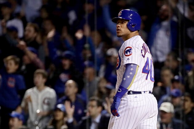 CHICAGO, IL - OCTOBER 18:  Willson Contreras #40 of the Chicago Cubs reacts to hitting a home run in the second inning against the Los Angeles Dodgers during game four of the National League Championship Series at Wrigley Field on October 18, 2017 in Chicago, Illinois.  (Photo by Jonathan Daniel/Getty Images)