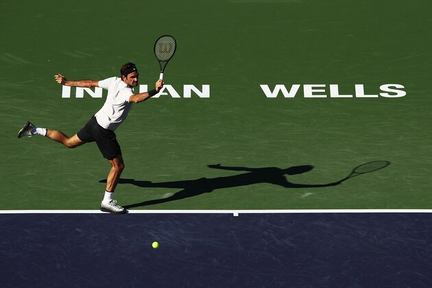 INDIAN WELLS, CA - MARCH 11:  Roger Federer of Switzerland hits a shot during his match against Federico Delbonis of Argentina during the BNP Paribas Open at the Indian Wells Tennis Garden of the Czech Republic on March 11, 2018 in Indian Wells, California.  (Photo by Adam Pretty/Getty Images)