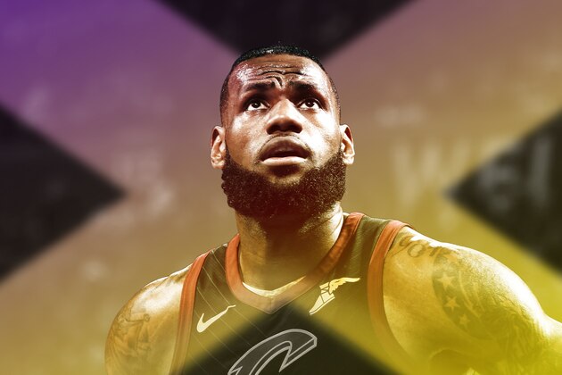 Cleveland Cavaliers forward LeBron James, left, tries to get past Los Angeles Lakers guard Lonzo Ball during the first half of an NBA basketball game, Sunday, March 11, 2018, in Los Angeles. (AP Photo/Mark J. Terrill)