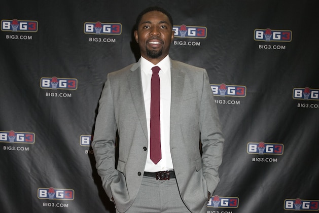 IMAGE DISTRIBUTED FOR JCPENNEY - Roger Mason Jr., wearing a custom-lined JCPenney JF. J Ferrar suits with custom linings, available only at JCPenney, poses for a photo on the red carpet of the BIG3 Championship game in Las Vegas, NV. on Saturday, Aug. 26, 2017, in Las Vegas. (Bizuayehu Tesfaye/AP Images for JCPenney)