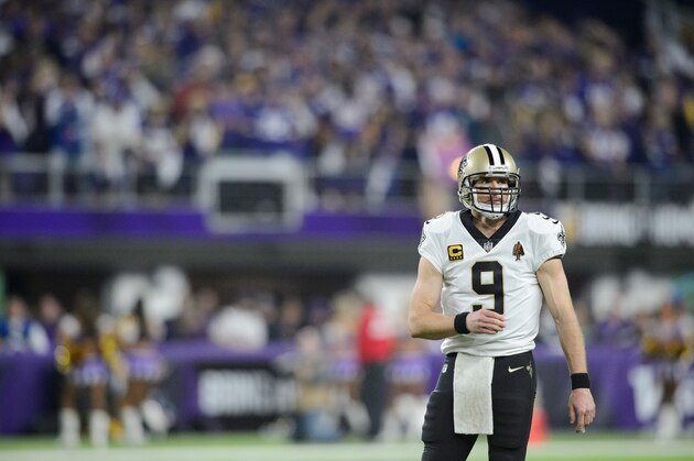 MINNEAPOLIS, MN - JANUARY 14: Drew Brees #9 of the New Orleans Saints looks on during the first half of the NFC Divisional Playoff game against the Minnesota Vikings on January 14, 2018 at U.S. Bank Stadium in Minneapolis, Minnesota. (Photo by Hannah Foslien/Getty Images)