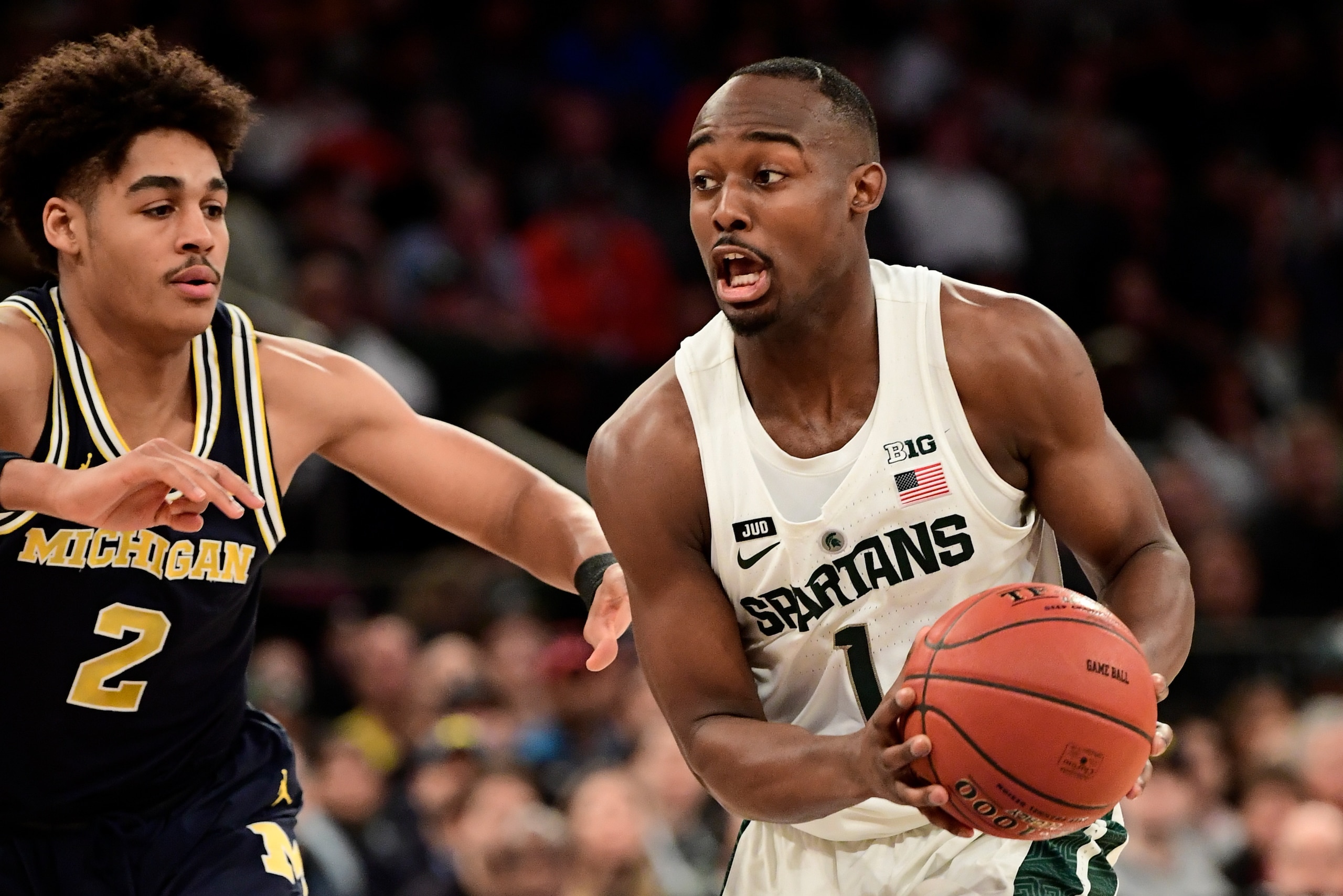 NEW YORK, NY - MARCH 03:  Joshua Langford #1 of the Michigan State Spartans in action against the Michigan Wolverines during the semifinals of the Big Ten Basketball Tournament at Madison Square Garden on March 3, 2018 in New York City. The Michigan Wolverines defeated the Michigan State Spartans 75-64.  (Photo by Steven Ryan/Getty Images)