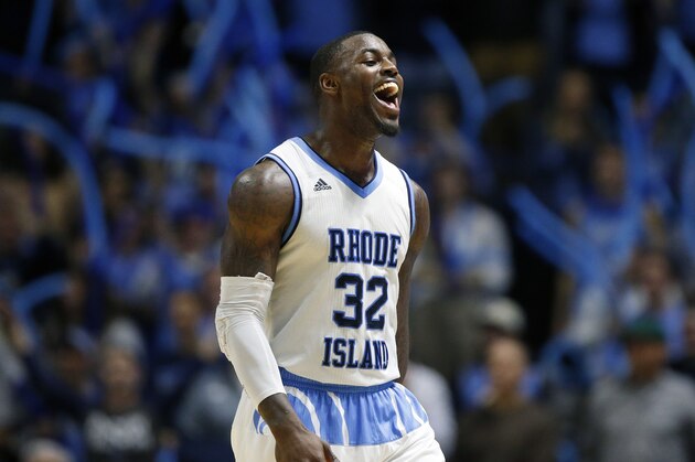 Rhode Island's Jared Terrell reacts during the second half of an NCAA college basketball game against Dayton in South Kingstown, R.I., Friday, Feb. 23, 2018. Rhode Island won 81-56. (AP Photo/Michael Dwyer)