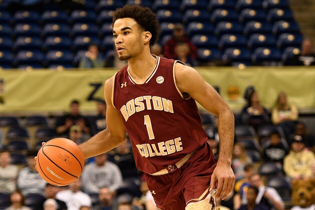 PITTSBURGH, PA - FEBRUARY 13: Jerome Robinson #1 of the Boston College Eagles brings the ball up court in the first half during the game against the Pittsburgh Panthers at Petersen Events Center on February 13, 2018 in Pittsburgh, Pennsylvania. (Photo by Justin Berl/Getty Images)