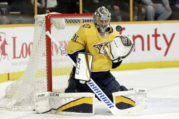 Nashville Predators goalie Pekka Rinne, of Finland, plays against the Anaheim Ducks in the first period of an NHL hockey game Thursday, March 8, 2018, in Nashville, Tenn. (AP Photo/Mark Humphrey)