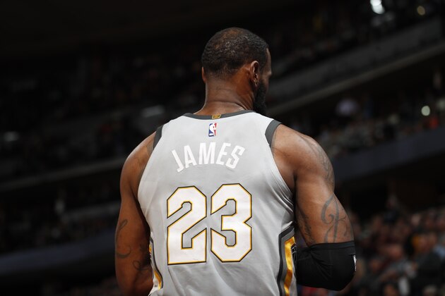 Cleveland Cavaliers forward LeBron James (23) in the first half of an NBA basketball game Wednesday, March 7, 2018, in Denver. (AP Photo/David Zalubowski)