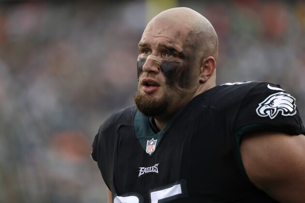 Philadelphia Eagles' Lane Johnson is seen during the second half of an NFL football game against the Denver Broncos, Sunday, Nov. 5, 2017, in Philadelphia. (AP Photo/Michael Perez)