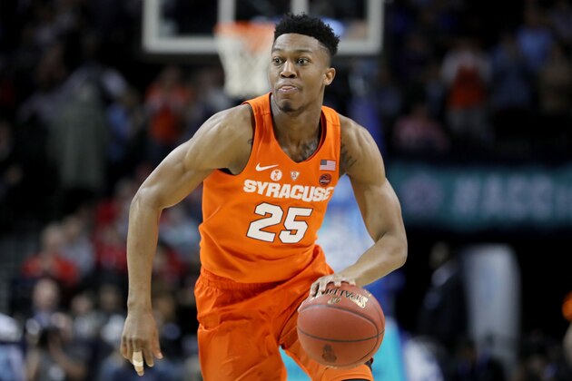 NEW YORK, NY - MARCH 07:  Tyus Battle #25 of the Syracuse Orange dribbles down the court in the first half against the North Carolina Tar Heels during the second round of the ACC Men's Basketball Tournament at Barclays Center on March 7, 2018 in New York City.  (Photo by Abbie Parr/Getty Images)