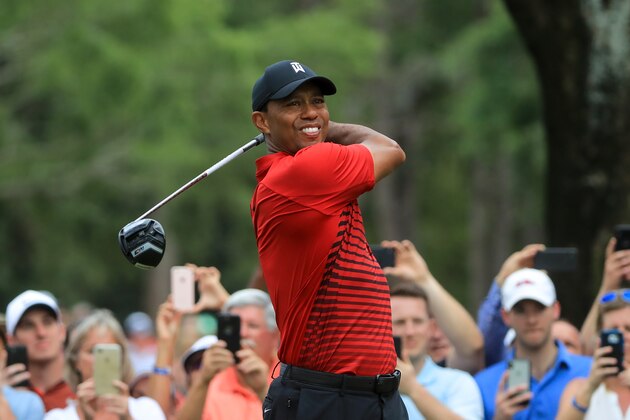 PALM HARBOR, FL - MARCH 11:  Tiger Woods plays his shot from the 14th tee during the final round of the Valspar Championship at Innisbrook Resort Copperhead Course on March 11, 2018 in Palm Harbor, Florida.  (Photo by Sam Greenwood/Getty Images)