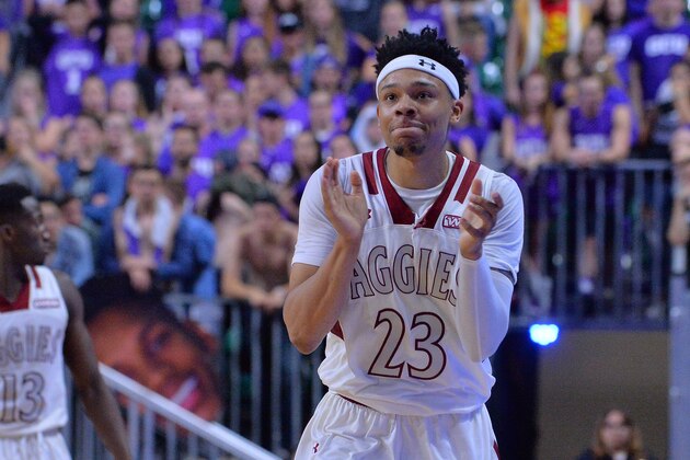LAS VEGAS, NV - MARCH 10: Zach Lofton #23 of the New Mexico State Aggies celebrates on the court during the championship game of the Western Athletic Conference basketball tournament against the Grand Canyon Lopes at the Orleans Arena on March 10, 2018 in Las Vegas, Nevada. New Mexico State won 72-58. (Photo by Sam Wasson/Getty Images) LAS VEGAS, NV - MARCH 10: Zach Lofton #23 of the New Mexico State Aggies celebrates on the court during the championship game of the Western Athletic Conference basketball tournament against the Grand Canyon Lopes at the Orleans Arena on March 10, 2018 in Las Vegas, Nevada. New Mexico State won 72-58. (Photo by Sam Wasson/Getty Images)