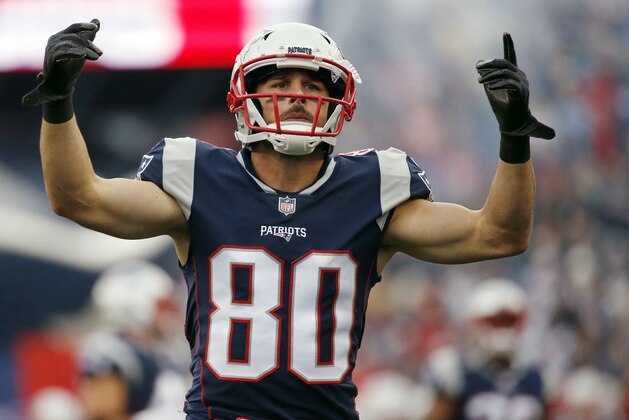 New England Patriots wide receiver Danny Amendola warms up before an NFL football game against the Los Angeles Chargers, Sunday, Oct. 29, 2017, in Foxborough, Mass. (AP Photo/Michael Dwyer)