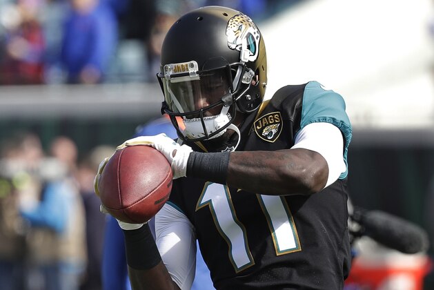Jacksonville Jaguars wide receiver Marqise Lee warms up before an NFL wild-card playoff football game against the Buffalo Bills, Sunday, Jan. 7, 2018, in Jacksonville, Fla. (AP Photo/John Raoux)