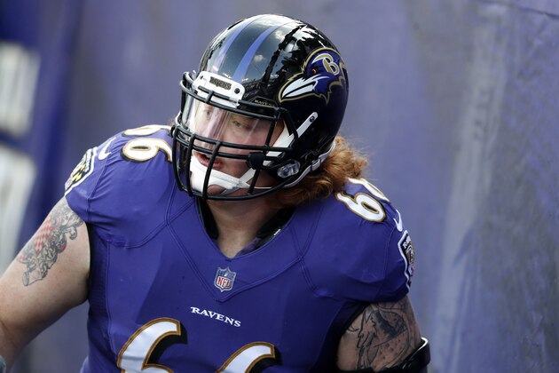 BALTIMORE, MD - DECEMBER 3: Center Ryan Jensen #66 of the Baltimore Ravens takes the field prior to the game against the Detroit Lions at M&T Bank Stadium on December 3, 2017 in Baltimore, Maryland. (Photo by Todd Olszewski/Getty Images)