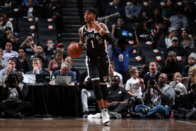BROOKLYN, NY - MARCH 13:  D'Angelo Russell #1 of the Brooklyn Nets handles the ball against the Toronto Raptors on March 13, 2018 at Barclays Center in Brooklyn, New York. NOTE TO USER: User expressly acknowledges and agrees that, by downloading and or using this Photograph, user is consenting to the terms and conditions of the Getty Images License Agreement. Mandatory Copyright Notice: Copyright 2018 NBAE (Photo by Nathaniel S. Butler/NBAE via Getty Images)