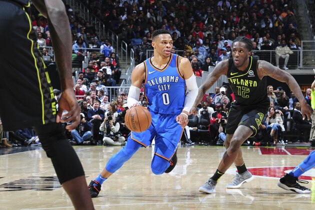 ATLANTA, GA - MARCH 13: Russell Westbrook #0 of the Oklahoma City Thunder handles the ball against the Atlanta Hawks on March 13, 2018 at Philips Arena in Atlanta, Georgia.  NOTE TO USER: User expressly acknowledges and agrees that, by downloading and/or using this Photograph, user is consenting to the terms and conditions of the Getty Images License Agreement. Mandatory Copyright Notice: Copyright 2018 NBAE (Photo by Scott Cunningham/NBAE via Getty Images)