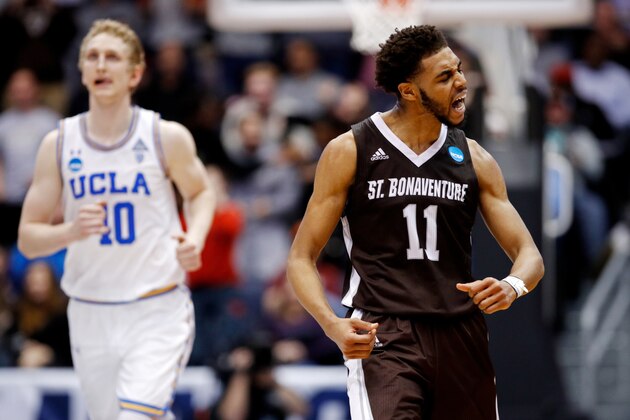 DAYTON, OH - MARCH 13:  Courtney Stockard #11 of the St. Bonaventure Bonnies celebrates the basket against the UCLA Bruins during the second half of the First Four game in the 2018 NCAA Men's Basketball Tournament at UD Arena on March 13, 2018 in Dayton, Ohio.  (Photo by Joe Robbins/Getty Images)