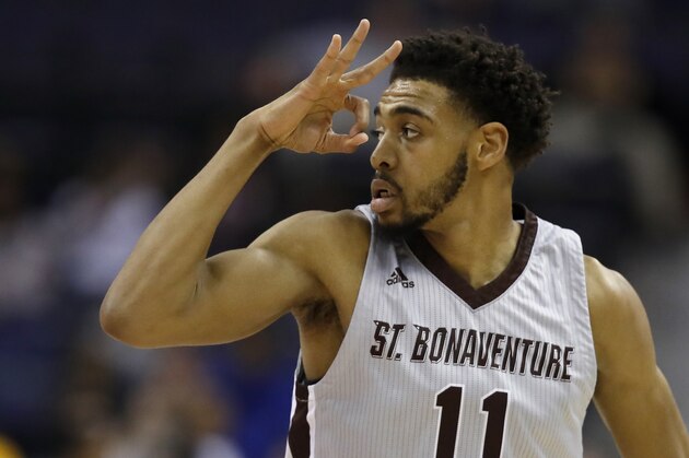 St. Bonaventure forward Courtney Stockard celebrates his three-point basket during the first half of an NCAA college basketball quarterfinal game against Richmond in the Atlantic 10 Conference tournament, Friday, March 9, 2018, in Washington. (AP Photo/Alex Brandon)