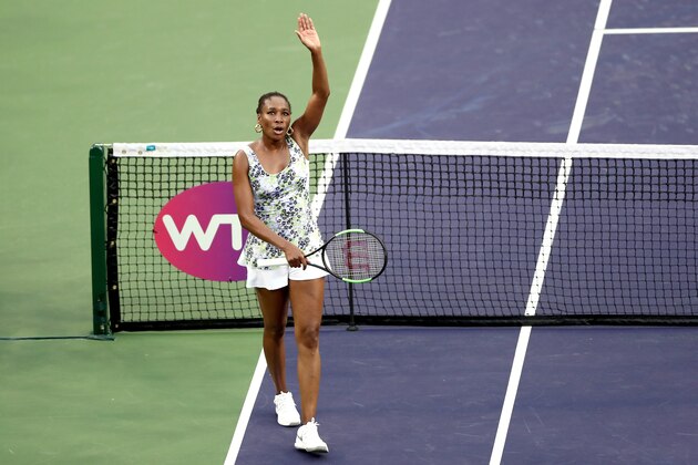 INDIAN WELLS, CA - MARCH 13:  Venus Williams celebrates her win over Anastasija Sevastova of Latvia during the BNP Paribas Open at the Indian Wells Tennis Garden on March 13, 2018 in Indian Wells, California.  (Photo by Matthew Stockman/Getty Images)