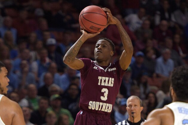 GREENVILLE, SC - MARCH 17: Demontrae Jefferson #3 of the Texas Southern Tigers puts up a shot against the North Carolina Tar Heels during the first round of the 2017 NCAA Men's Basketball Tournament at Bon Secours Wellness Arena on March 17, 2017 in Greenville, South Carolina. (Photo by Lance King/Getty Images)