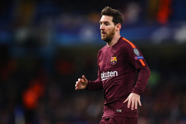 LONDON, ENGLAND - FEBRUARY 20: Lionel Messi  of FC Barcelona during the UEFA Champions League Round of 16 First Leg match between Chelsea FC and FC Barcelona at Stamford Bridge on February 20, 2018 in London, United Kingdom. (Photo by Robbie Jay Barratt - AMA/Getty Images)