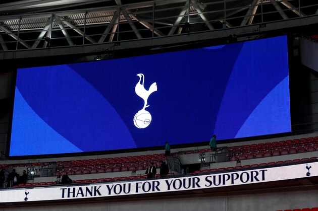 LONDON, ENGLAND - JANUARY 13: The screen showing Tottenham Hotspur badge after the Premier League match between Tottenham Hotspur and Everton at Wembley Stadium on January 13, 2018 in London, England. (Photo by Catherine Ivill/Getty Images)