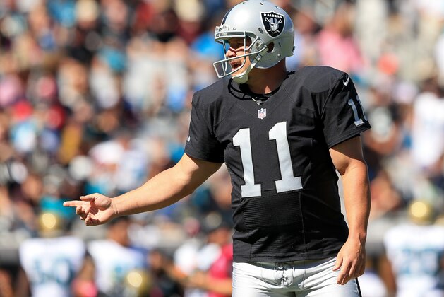 JACKSONVILLE, FL - OCTOBER 23: Sebastian Janikowski #11 of the Oakland Raiders gestures during the game against the Jacksonville Jaguars at EverBank Field on October 23, 2016 in Jacksonville, Florida. (Photo by Rob Foldy/Getty Images)