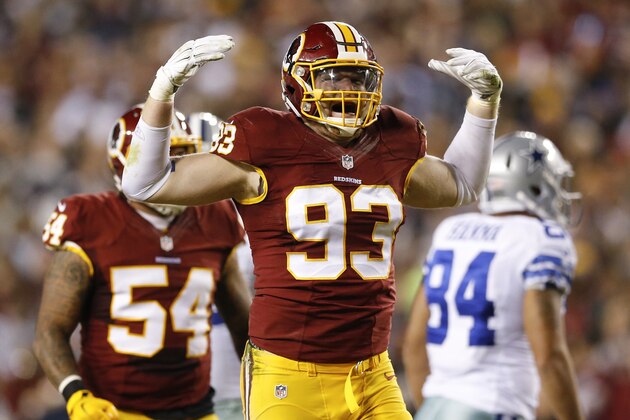 Washington Redskins outside linebacker Trent Murphy (93) celebrates a play during the first half of an NFL football game against the Dallas Cowboys in Landover, Md., Monday, Dec. 7, 2015. (AP Photo/Patrick Semansky)