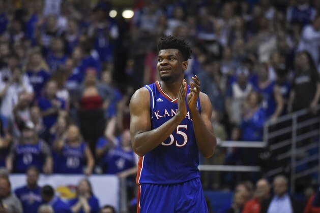 LAWRENCE, KS - FEBRUARY 17: Udoka Azubuike #35 of the Kansas Jayhawks celebrates during the closing minutes of a game against the West Virginia Mountaineers at Allen Fieldhouse on February 17, 2018 in Lawrence, Kansas. (Photo by Ed Zurga/Getty Images)