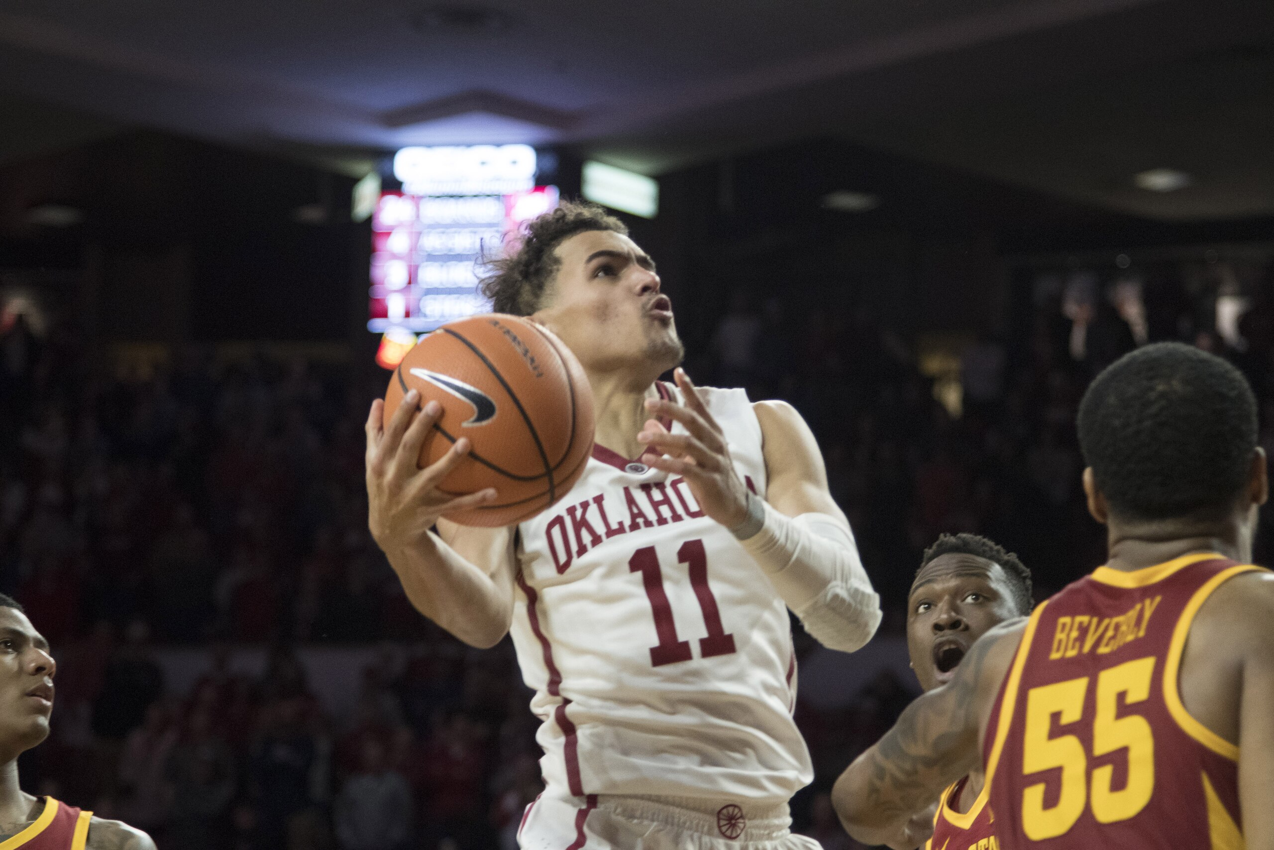 NORMAN, OK - MARCH 2: Trae Young #11 of the Oklahoma Sooners shoots against Iowa State during the second half of a NCAA college basketball game at the Lloyd Noble Center on March 2, 2018 in Norman, Oklahoma. (Photo by J Pat Carter/Getty Images)