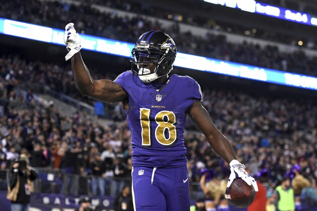 FILE - In this Oct. 26, 2017, file photo, Baltimore Ravens wide receiver Jeremy Maclin gestures after scoring a touchdown in the first half of an NFL football game against the Miami Dolphins, in Baltimore. Maclin's first season in Baltimore has been a strange one. He's got only 19 catches and missed two games with a shoulder injury, yet leads all Ravens wide receivers in receptions and touchdowns. (AP Photo/Gail Burton, File)
