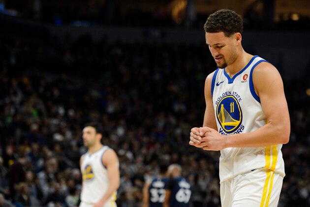 MINNEAPOLIS, MN - MARCH 11: Klay Thompson #11 of the Golden State Warriors looks on during the game against the Minnesota Timberwolves on March 11, 2018 at the Target Center in Minneapolis, Minnesota. NOTE TO USER: User expressly acknowledges and agrees that, by downloading and or using this Photograph, user is consenting to the terms and conditions of the Getty Images License Agreement. (Photo by Hannah Foslien/Getty Images)