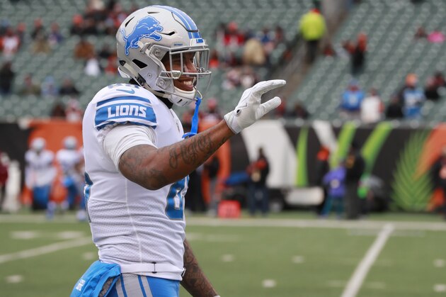 Detroit Lions tight end Eric Ebron (85) walks on the field before an NFL football game against the Cincinnati Bengals in Cincinnati, Sunday, Dec. 24, 2017. (AP Photo/Carlos Osorio)