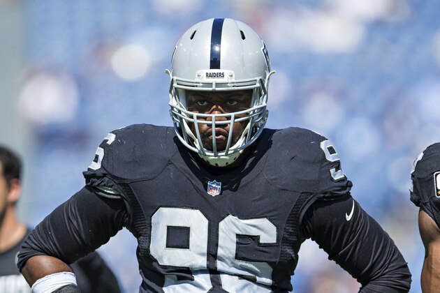 NASHVILLE, TN - SEPTEMBER 25:  Denico Autry #96 of the Oakland Raiders warming up before a game against the Tennessee Titans at Nissan Stadium on September 25, 2016 in Nashville, Tennessee.  The Raiders defeated the Titans 17-10.  (Photo by Wesley Hitt/Getty Images)