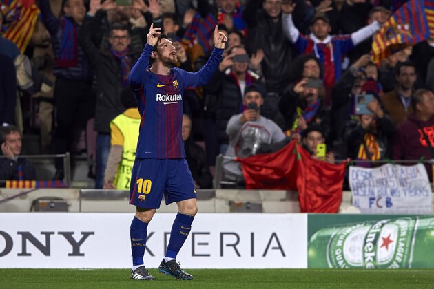 BARCELONA, SPAIN - MARCH 14:  Lionel Messi of FC Barcelona celebrates after scoring his team's first goal during the UEFA Champions League Round of 16 Second Leg match between FC Barcelona and Chelsea FC at Camp Nou on March 14, 2018 in Barcelona, Spain.  (Photo by Manuel Queimadelos Alonso/Getty Images)