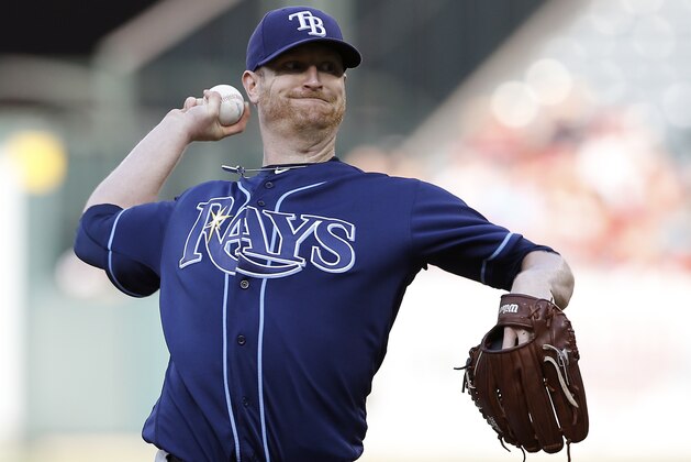 Tampa Bay Rays starting pitcher Alex Cobb throws to the plate during the first inning of a baseball game against the Los Angeles Angels in Anaheim, Calif., Saturday, July 15, 2017. (AP Photo/Alex Gallardo)