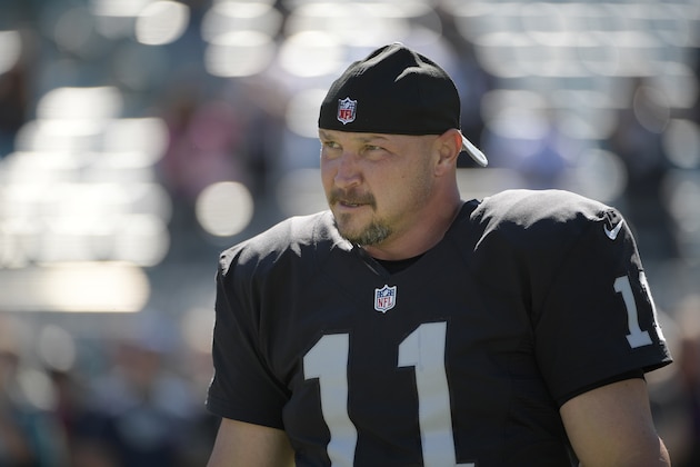 Oakland Raiders kicker Sebastian Janikowski (11) warms up before an NFL football game against the Jacksonville Jaguars in Jacksonville, Fla., Sunday, Oct. 23, 2016. (AP Photo/Phelan M. Ebenhack)