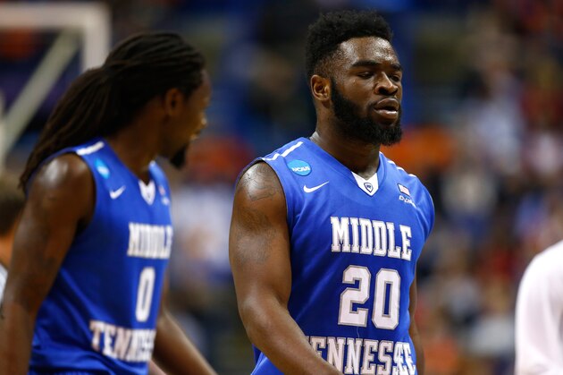 ST LOUIS, MO - MARCH 20: Giddy Potts #20 of the Middle Tennessee Blue Raiders looks on in the second half against the Syracuse Orange during the second round of the 2016 NCAA Men's Basketball Tournament at Scottrade Center on March 20, 2016 in St Louis, Missouri.  (Photo by Jamie Squire/Getty Images)