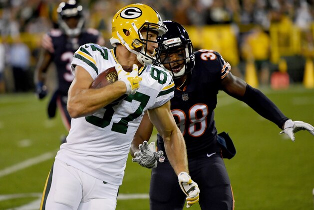 GREEN BAY, WI - SEPTEMBER 28:  Jordy Nelson #87 of the Green Bay Packers runs with the ball while being chases by Adrian Amos #38 of the Chicago Bears in the second quarter at Lambeau Field on September 28, 2017 in Green Bay, Wisconsin. (Photo by Stacy Revere/Getty Images)