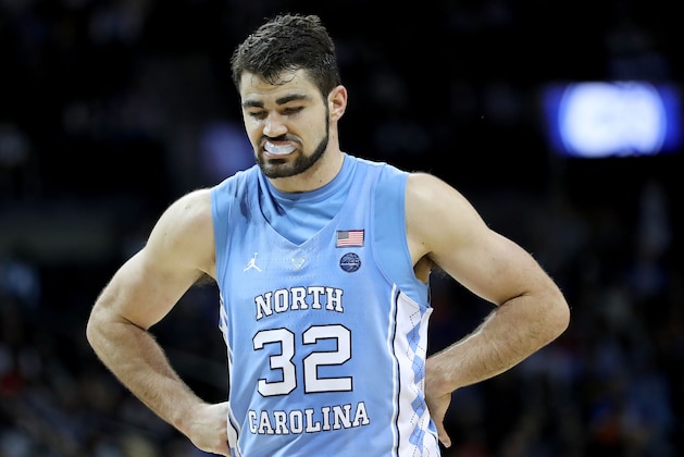 NEW YORK, NY - MARCH 08:  Luke Maye #32 of the North Carolina Tar Heels reacts in the first half against the Miami (Fl) Hurricanes during the quarterfinals of the ACC Men's Basketball Tournament at Barclays Center on March 8, 2018 in the Brooklyn borough of New York City.  (Photo by Abbie Parr/Getty Images)