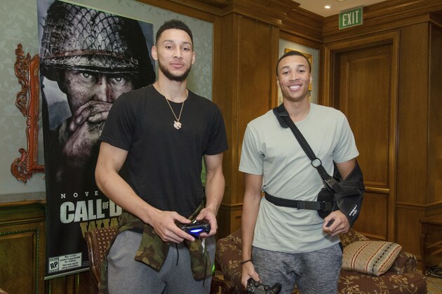 IMAGE DISTRIBUTED FOR ACTIVISION - Dante Exum and Ben Simmons play Call of Duty: WWII at the Call of Duty: WWII livestream event on Monday, Nov. 6, 2017 in Salt Lake City, UT. (Douglas Barnes/AP Images for Activision
