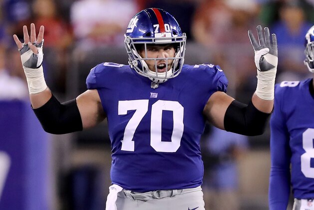 EAST RUTHERFORD, NJ - AUGUST 26:  Weston Richburg #70 of the New York Giants calls out to his teammates before the snap against the New York Jets during a preseason game on August 26, 2017 at MetLife Stadium in East Rutherford, New Jersey  (Photo by Elsa/Getty Images)