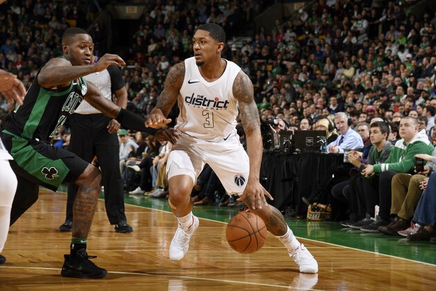 BOSTON, MA - MARCH 14: Bradley Beal #3 of the Washington Wizards handles the ball against the Boston Celtics on March 14, 2018 at the TD Garden in Boston, Massachusetts. NOTE TO USER: User expressly acknowledges and agrees that, by downloading and or using this photograph, User is consenting to the terms and conditions of the Getty Images License Agreement. Mandatory Copyright Notice: Copyright 2018 NBAE (Photo by Brian Babineau/NBAE via Getty Images)