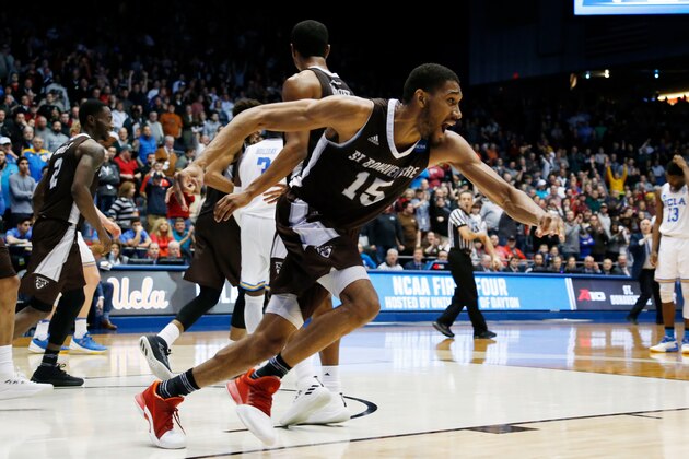 DAYTON, OH - MARCH 13:  LaDarien Griffin #15 of the St. Bonaventure Bonnies celebrates his teams lead late in the game against the UCLA Bruins during the second half of the First Four game in the 2018 NCAA Men's Basketball Tournament at UD Arena on March 13, 2018 in Dayton, Ohio. The St. Bonaventure Bonnies defeated the UCLA Bruins 65-58.  (Photo by Kirk Irwin/Getty Images)