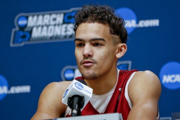 Oklahoma's Trae Young answers questions during a news conference for an NCAA college basketball first round game in Pittsburgh Tuesday, March 13, 2018. on Thursday. (AP Photo/Keith Srakocic)