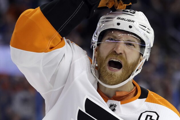 Philadelphia Flyers center Claude Giroux (28) celebrates after scoring against the Tampa Bay Lightning during the third period of an NHL hockey game Saturday, March 3, 2018, in Tampa, Fla. The Lightning won the game 7-6 in a shootout. (AP Photo/Chris O'Meara) Philadelphia Flyers center Claude Giroux (28) celebrates after scoring against the Tampa Bay Lightning during the third period of an NHL hockey game Saturday, March 3, 2018, in Tampa, Fla. The Lightning won the game 7-6 in a shootout. (AP Photo/Chris O'Meara)