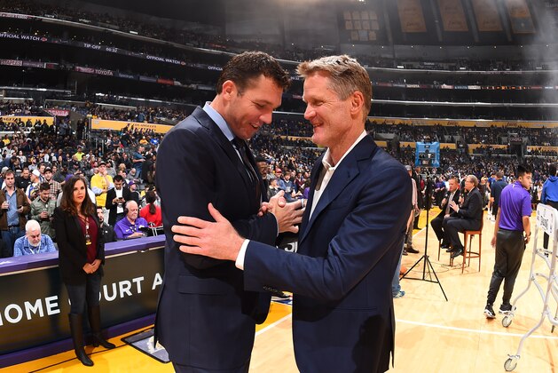 LOS ANGELES, CA - NOVEMBER 29: Head Coaches Luke Walton of the Los Angeles Lakers and Steve Kerr of the Golden State Warriors talk before the game on November 29, 2017 at STAPLES Center in Los Angeles, California. NOTE TO USER: User expressly acknowledges and agrees that, by downloading and/or using this Photograph, user is consenting to the terms and conditions of the Getty Images License Agreement. Mandatory Copyright Notice: Copyright 2017 NBAE (Photo by Andrew D. Bernstein/NBAE via Getty Images) LOS ANGELES, CA - NOVEMBER 29: Head Coaches Luke Walton of the Los Angeles Lakers and Steve Kerr of the Golden State Warriors talk before the game on November 29, 2017 at STAPLES Center in Los Angeles, California. NOTE TO USER: User expressly acknowledges and agrees that, by downloading and/or using this Photograph, user is consenting to the terms and conditions of the Getty Images License Agreement. Mandatory Copyright Notice: Copyright 2017 NBAE (Photo by Andrew D. Bernstein/NBAE via Getty Images)