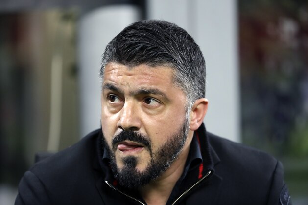 AC Milan head coach Gennaro Gattuso looks on prior the Europa League round of 16 first-leg soccer match between AC Milan and Arsenal, at the Milan San Siro Stadium, Italy, Thursday, March 8, 2018. (AP Photo/Luca Bruno)