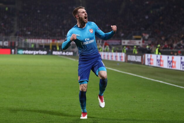 MILAN, ITALY - MARCH 08:  Aaron Ramsey of Arsenal celebrates after scoring during the UEFA Europa League Round of 16 match between AC Milan and Arsenal at the San Siro on March 8, 2018 in Milan, Italy.  (Photo by Catherine Ivill/Getty Images)