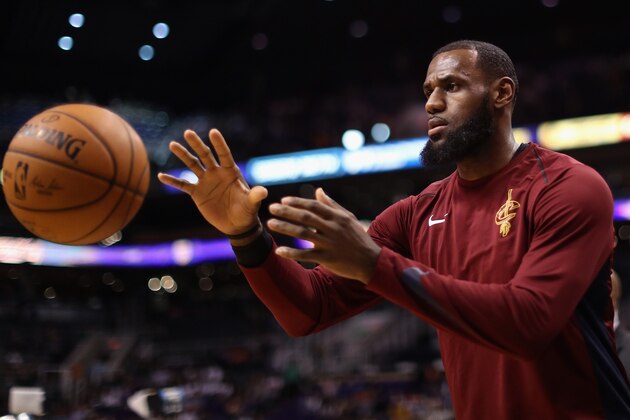 PHOENIX, AZ - MARCH 13:  LeBron James #23 of the Cleveland Cavaliers warms up before the NBA game against the Phoenix Suns at Talking Stick Resort Arena on March 13, 2018 in Phoenix, Arizona. The Cavaliers defeated the Suns 129-107. NOTE TO USER: User expressly acknowledges and agrees that, by downloading and or using this photograph, User is consenting to the terms and conditions of the Getty Images License Agreement.  (Photo by Christian Petersen/Getty Images)